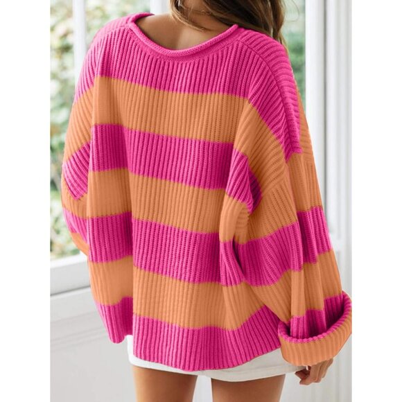 Women's Pink Orange Pullover Drop Shoulder Long Sleeve Retro Stripe Fall Sweater - Picture 3 of 3